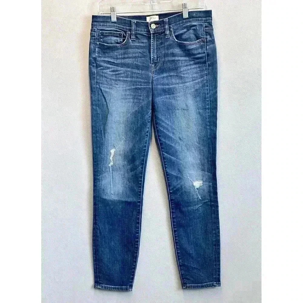 J Crew Jeans Women's Size 28 Toothpick Skinny Mid Rise Distressed Blue Denim